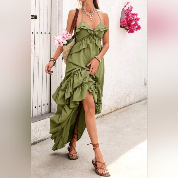 New Strappy Tie Tiered Ruffle Cami Maxi Dress Green - Picture 3 of 10